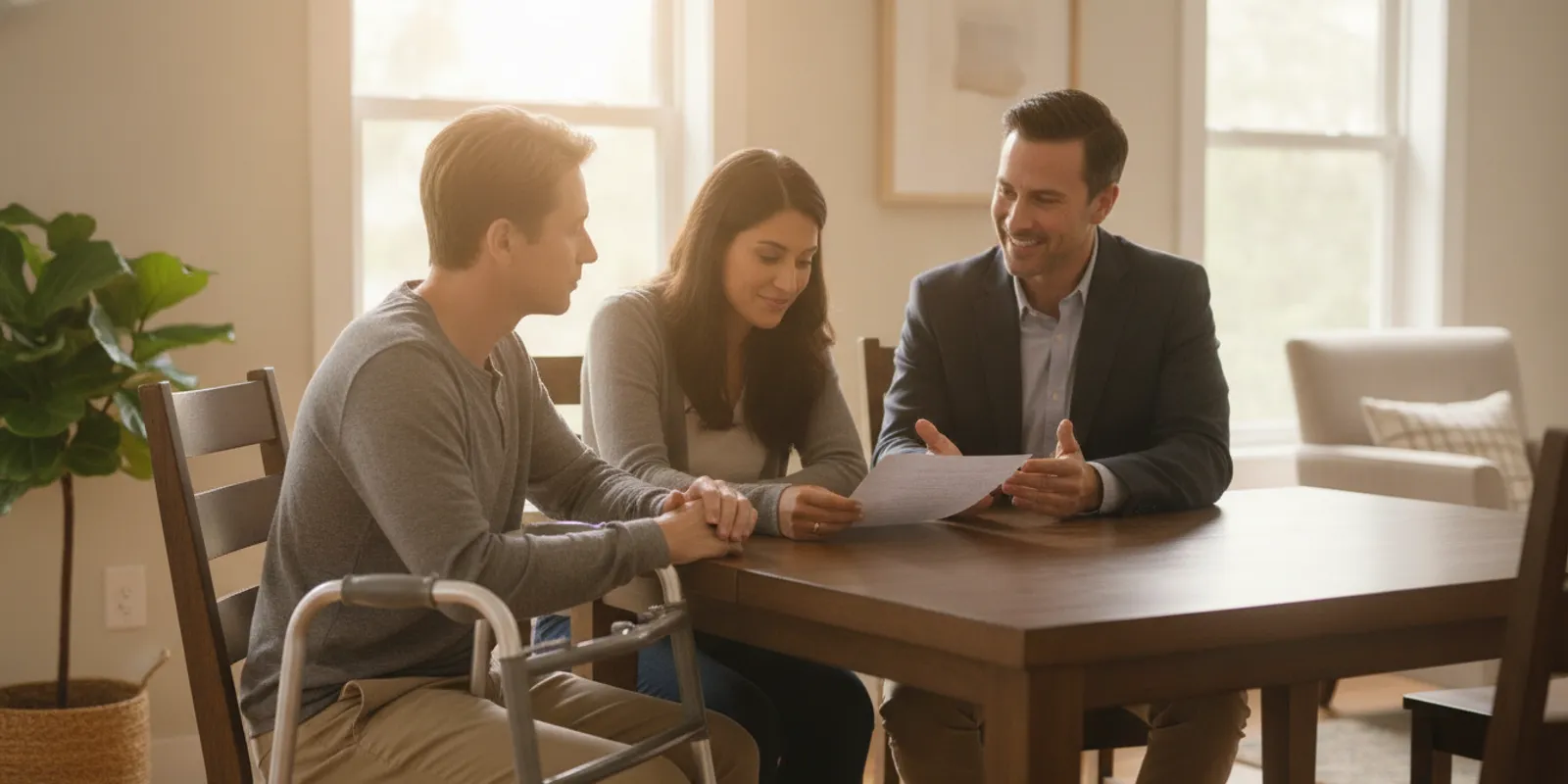 A family reviewing long-term care notes with a rehabilitation professional at a table