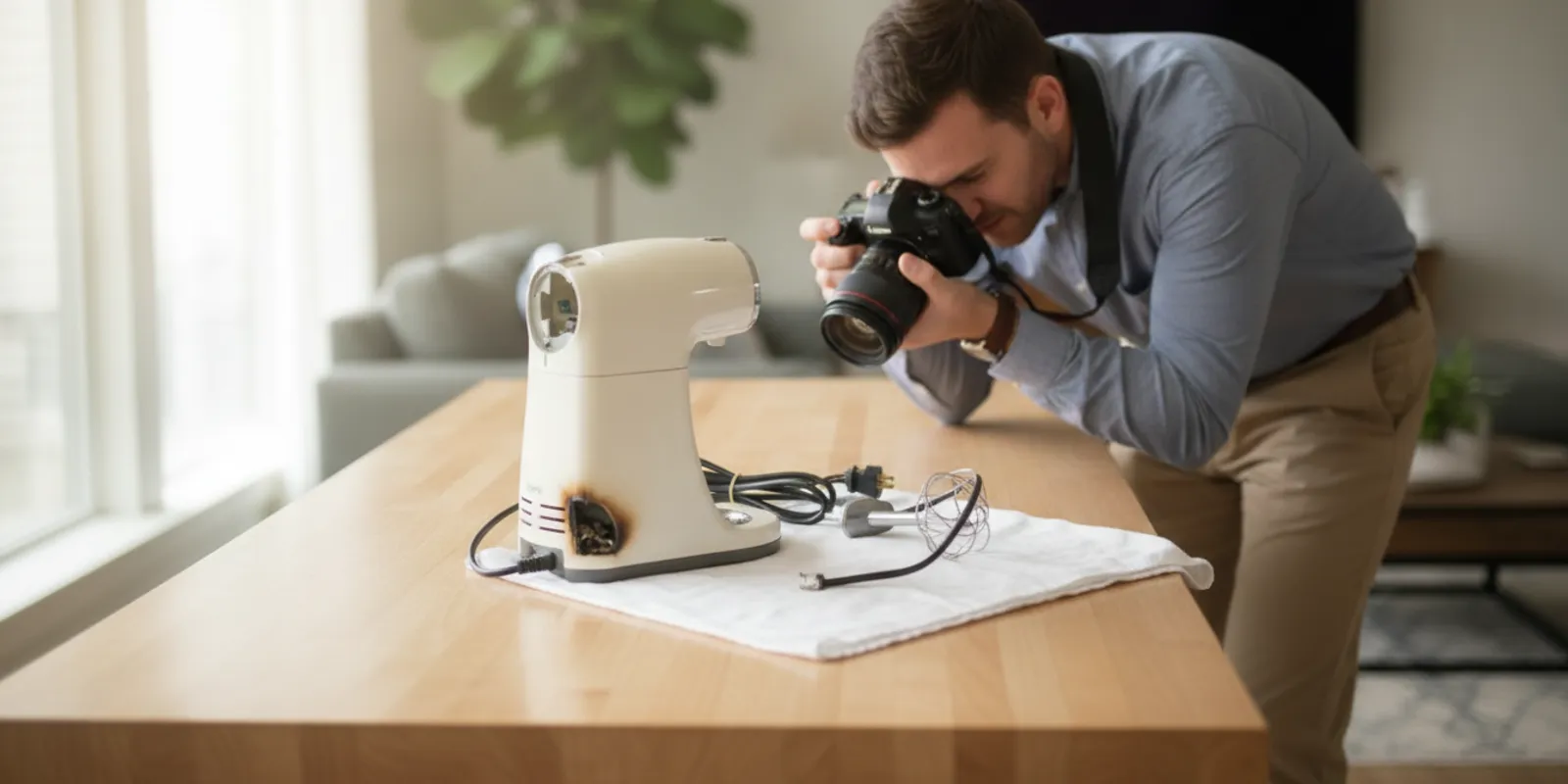 Damaged household appliance and preserved components on a workbench as a person documents the product