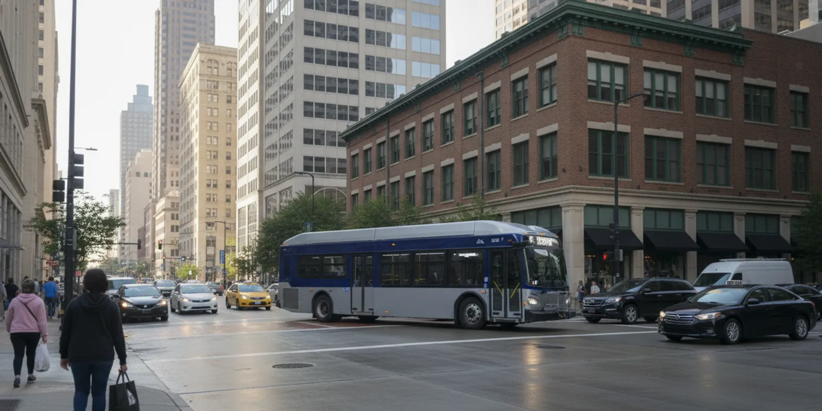 A city bus traveling through an Atlanta street intersection in daylight