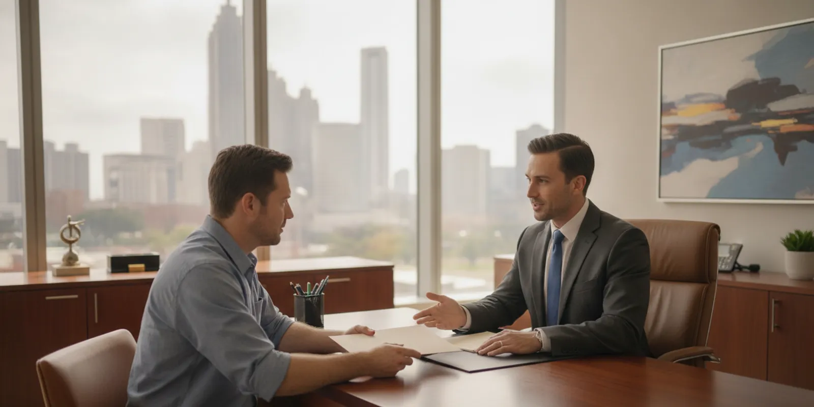 A person reviewing incident documents with a lawyer at a desk