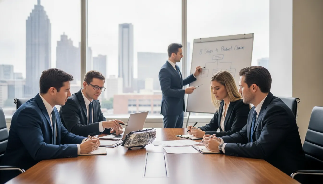 Business team discussing how to file a product liability claim in Georgia with a whiteboard flowchart.