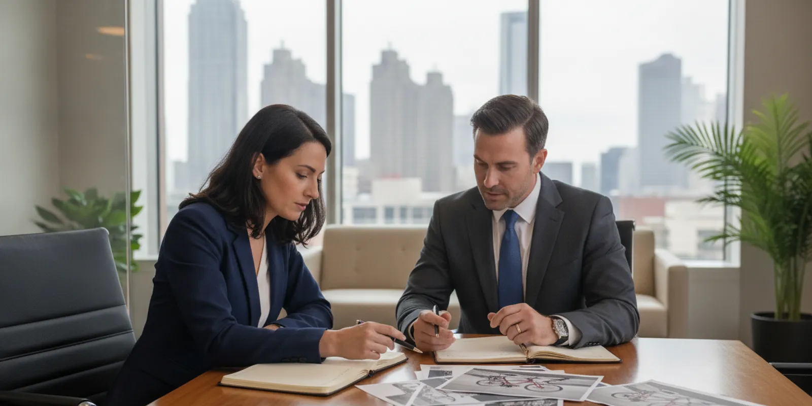 Plaintiff attorneys reviewing documents together at a conference table