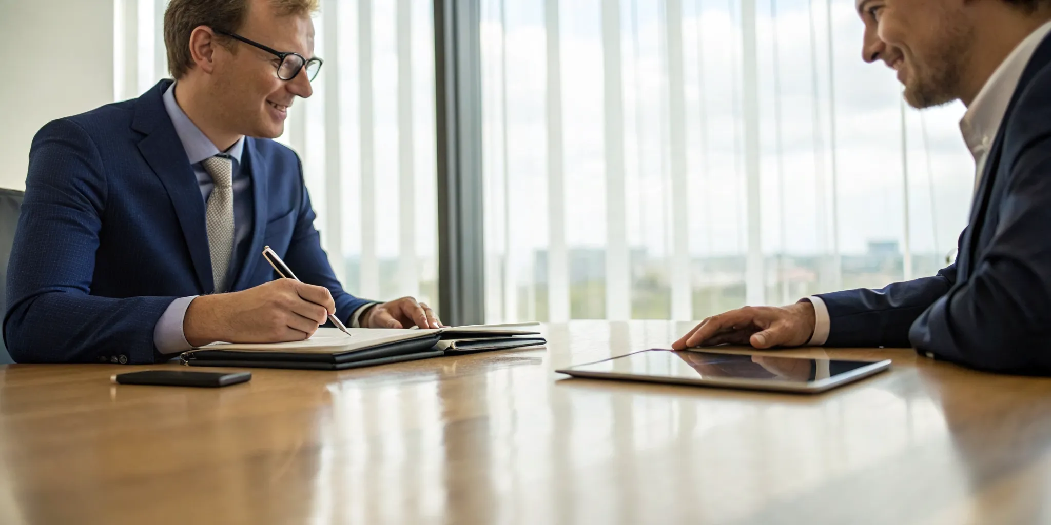 A client taking notes during an initial lawyer consultation at a desk.