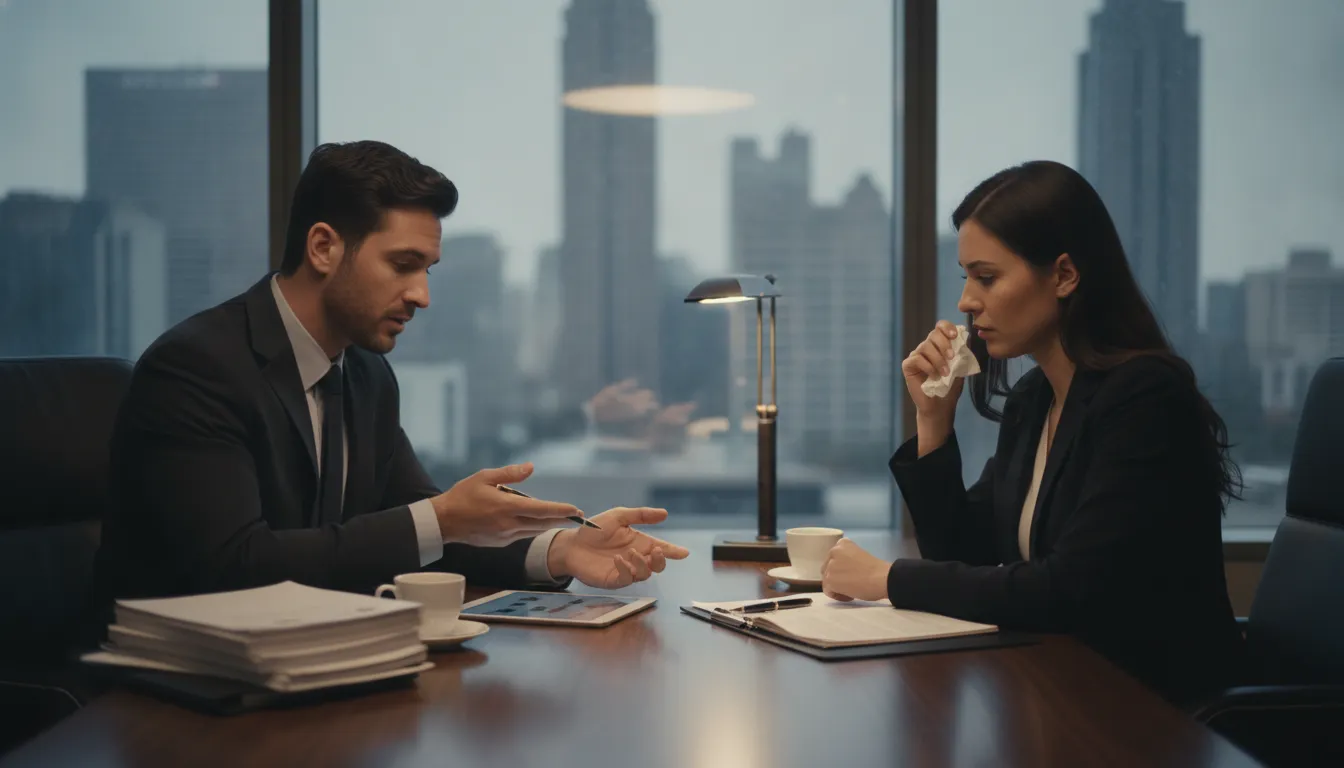 Atlanta car accident lawyer meeting with client after fatal crash in office.