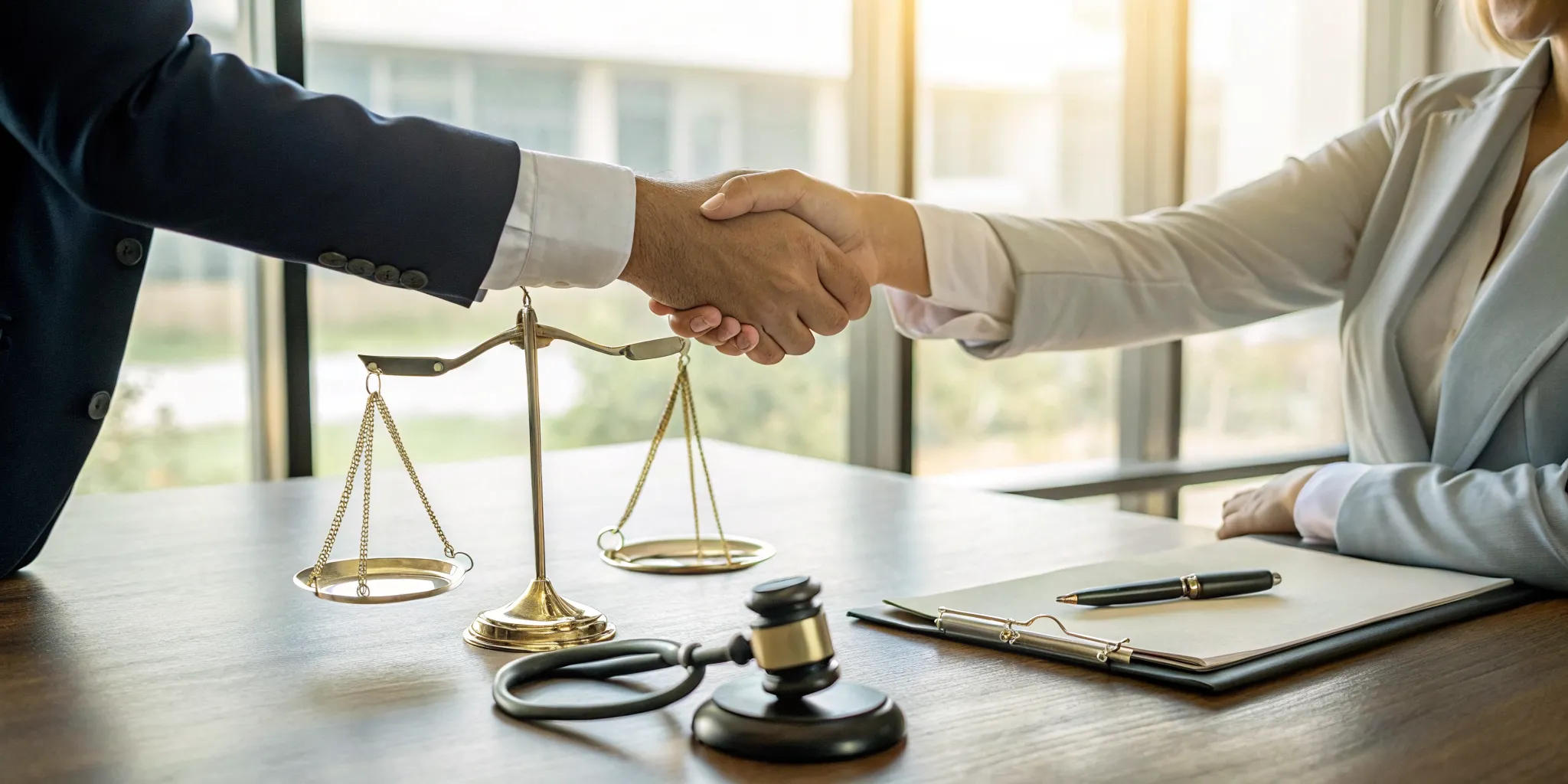 A malpractice lawyer and client shake hands in an office with a gavel on the desk.