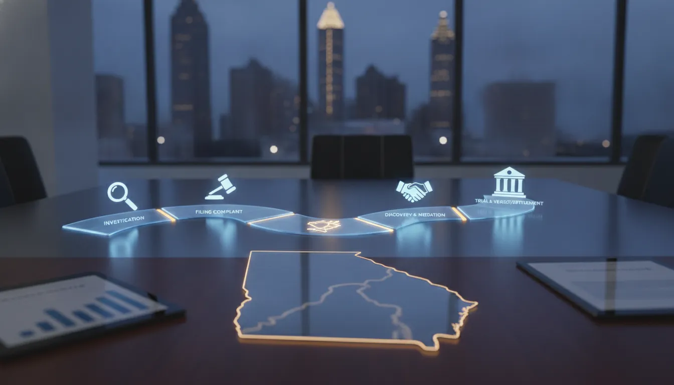 Georgia spinal cord injury lawsuit timeline with Atlanta skyline in the background.