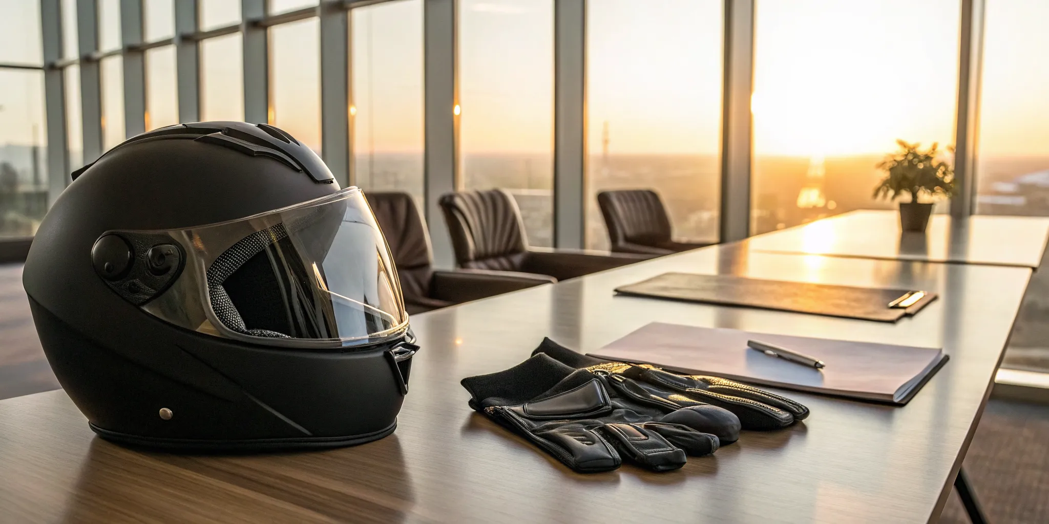 Motorcycle helmet and gloves on a motorcycle accident attorney's desk.