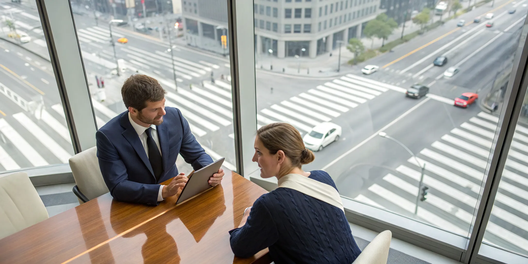 Pedestrian accident lawyer discussing a case with a client in an office overlooking a city crosswalk.