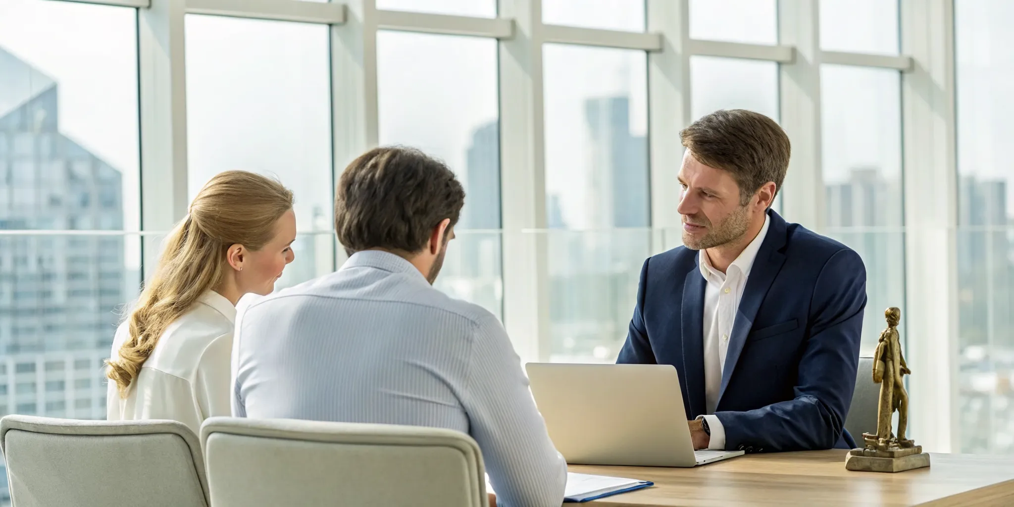 An accident attorney discusses a personal injury claim with clients in an office.