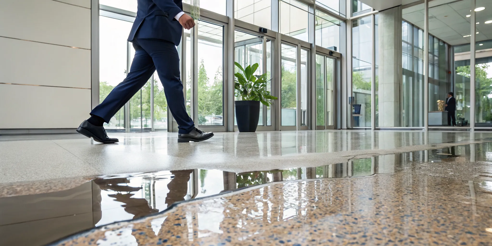A wet floor in a lobby, a common slip and fall hazard in a premises liability case.