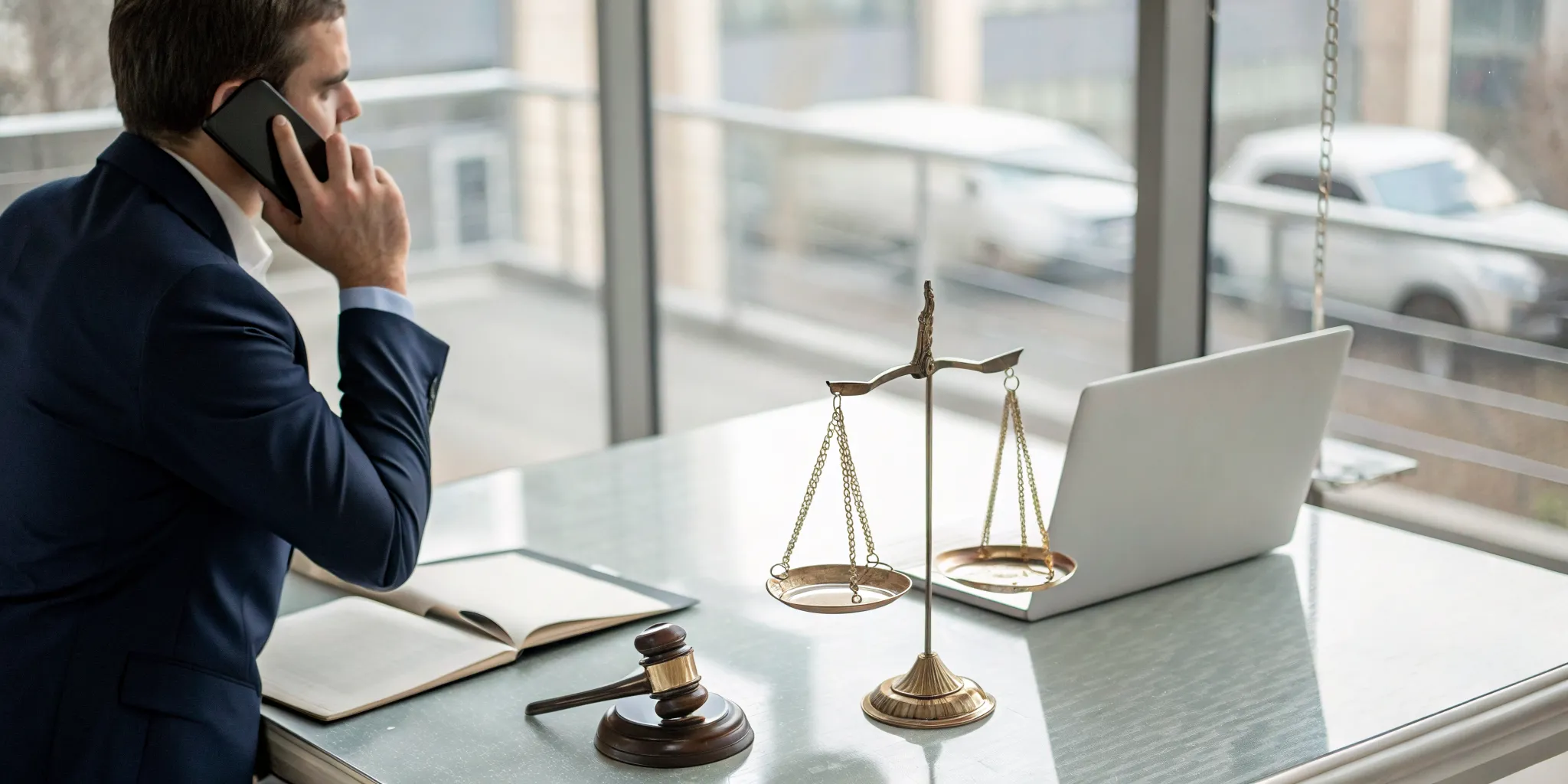 Car injury lawyer at a desk reviewing a client's accident case.