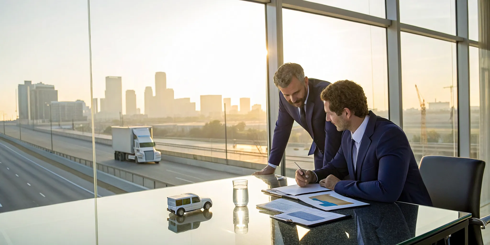 Truck accident law firm attorneys discussing a case in an office overlooking the highway.