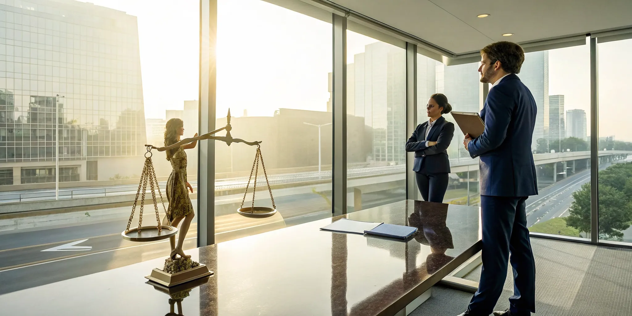 A commercial truck accident lawyer in an office with a Lady Justice statue.