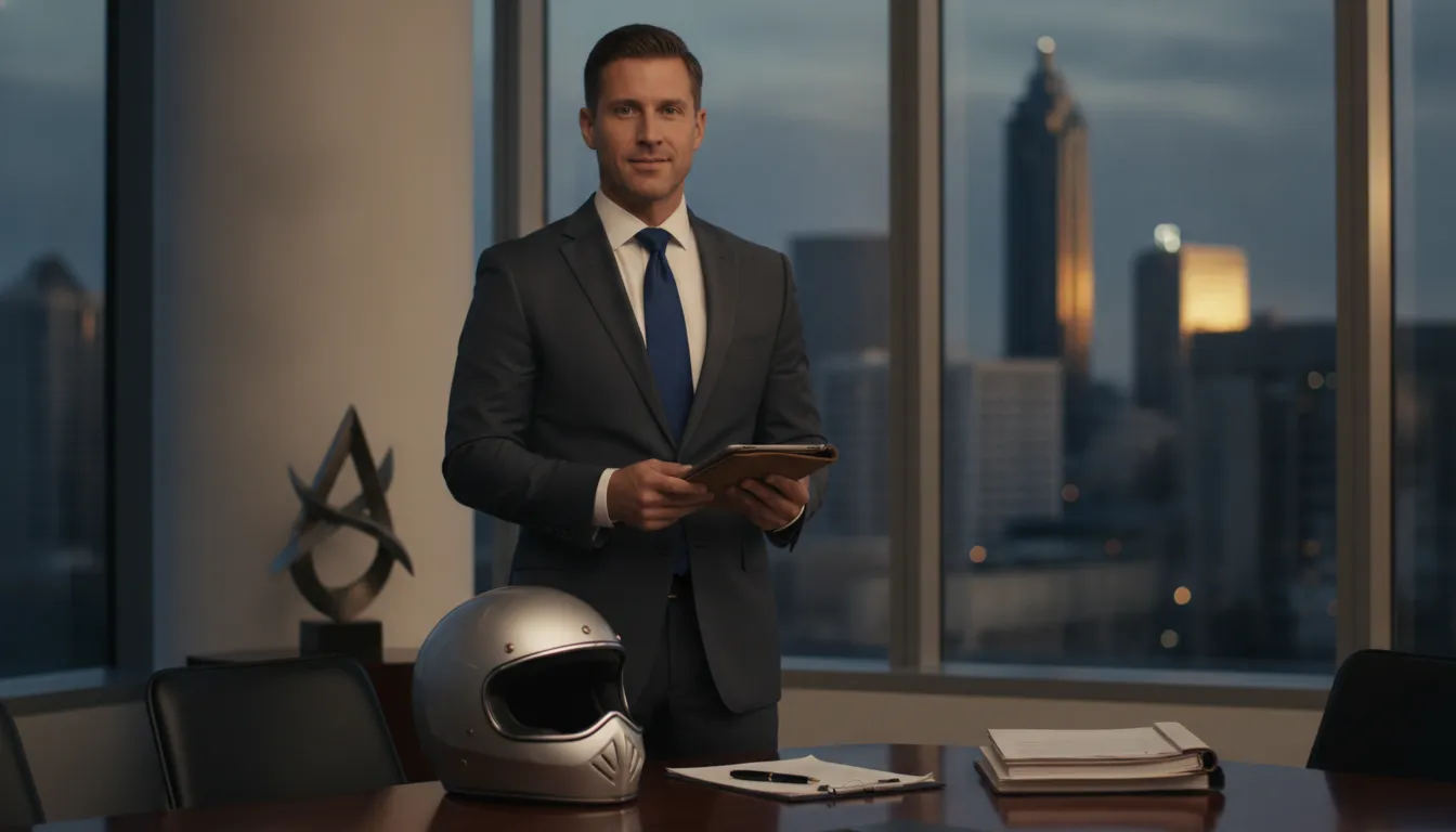 The best motorcycle accident lawyer in Atlanta works in an office with a helmet on the desk.