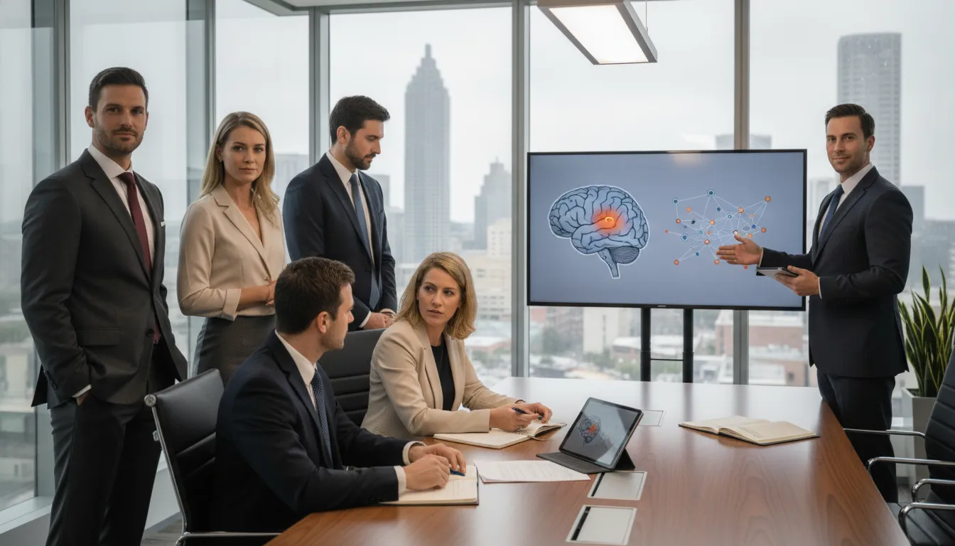 Lawyers discuss a traumatic brain injury case beside a brain diagram in a modern office.