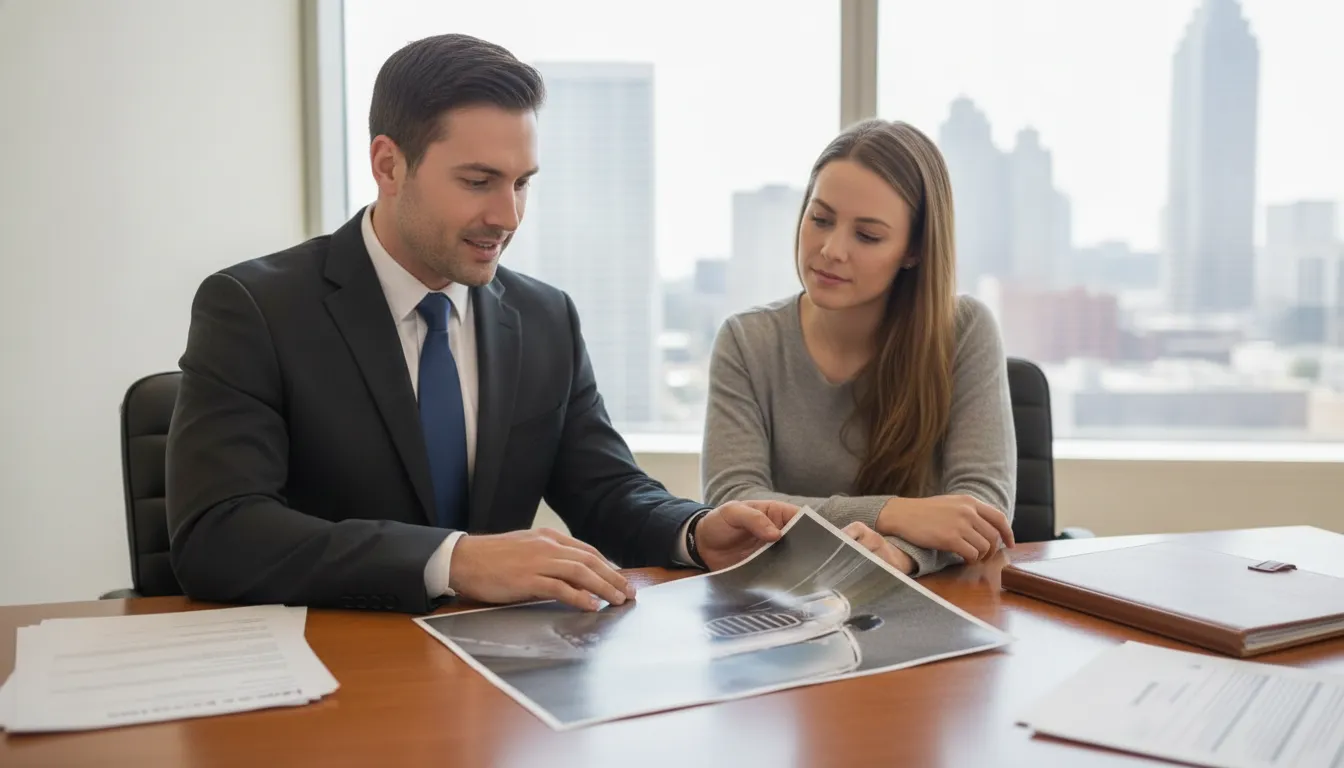 Attorney and Georgia injury client reviewing accident evidence during a consultation